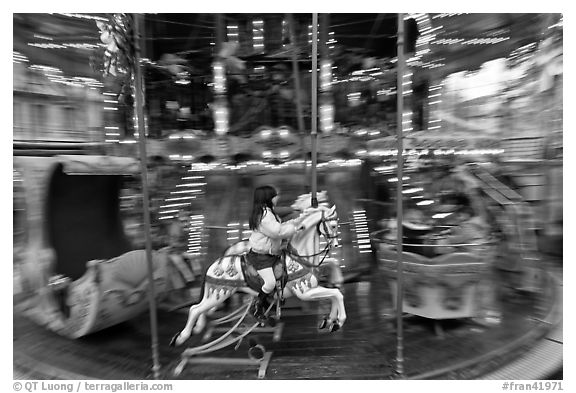 Black And White Horse Photography. Girl on horse carousel.