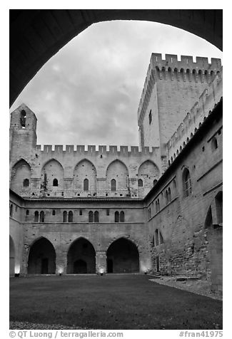 Inside Courtyard, Palace of the Popes. Avignon, Provence, France (black and white)