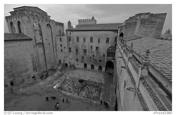 Honnor courtyard and walls from above, Palace of the Popes. Avignon, Provence, France (black and white)