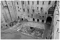Courtyard of honnor from above, Papal Palace. Avignon, Provence, France (black and white)