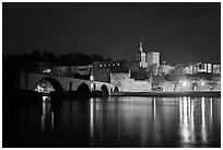 Avignon skyline at night with Papal Palace, Episcopal Ensemble and Avignon Bridge. Avignon, Provence, France ( black and white)