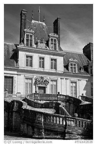 Staircase and Palace of Fontainebleau. France (black and white)