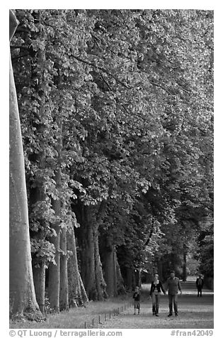 Family walking in gardens, Chateau de Fontainebleau. France (black and white)