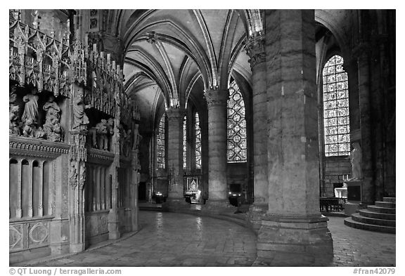 Ambulatory, chapel, and stained glass windows, Chartres Cathedral. France (black and white)