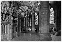 Ambulatory, chapel, and stained glass windows, Chartres Cathedral. France (black and white)