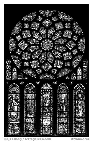 Set of rose window with five lancets called Rose of France, Chartres Cathedral. France (black and white)