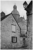 Stone houses and dome of Saint Quiriace Collegiate Church, Provins. France ( black and white)