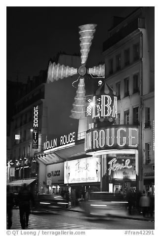 Moulin Rouge (Red Mill) Cabaret by night. Paris, France (black and white)