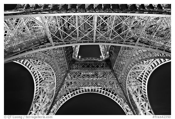 Eiffel Tower structure by night. Paris, France (black and white)