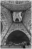 Eiffel Tower from below and Champs de Mars at night. Paris, France (black and white)