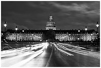 Les Invalides hospital and chapel dome with light trails from traffic. Paris, France ( black and white)