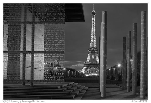 Peace monument and Eiffel Tower by night. Paris, France (black and white)