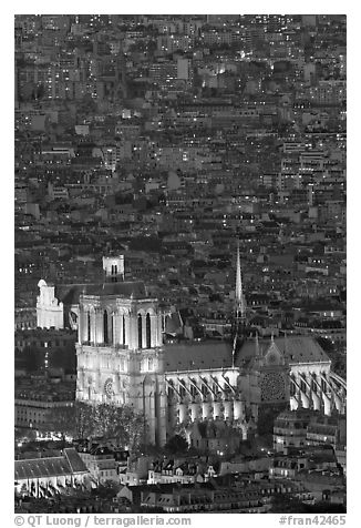 Aerial view of Notre-Dame de Paris Cathedral at night. Paris, France (black and white)