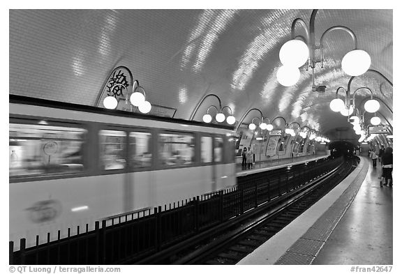 Subway train and station. Paris, France (black and white)