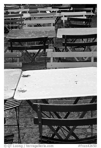 Wet tables and chairs, Montmartre. Paris, France (black and white)