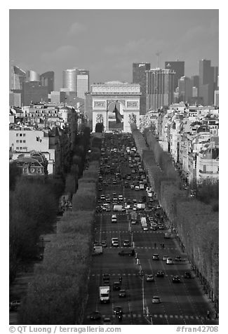 Champs-Elysees, Arc de Triomphe, and La Defense, from Ferris Wheel. Paris, France (black and white)