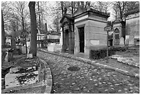 Memorials and tombs, Pere Lachaise cemetery. Paris, France (black and white)
