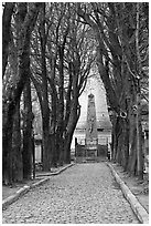 Trees and memorial, Pere Lachaise cemetery. Paris, France (black and white)