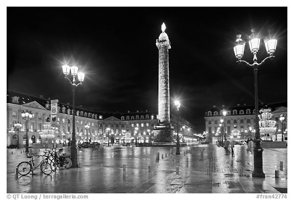 Place Vendome glistening at night. Paris, France (black and white)