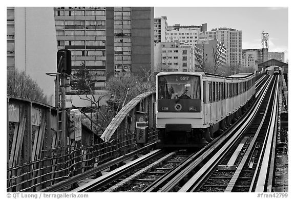 Metro on an above-ground section. Paris, France (black and white)