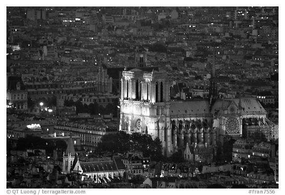 Notre Dame seen from the Montparnasse Tower, dusk. Paris, France (black and white)