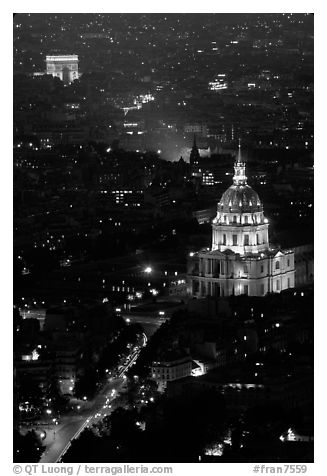 Arc de Triomphe and Invalides seen from the Montparnasse Tower by night. Paris, France (black and white)
