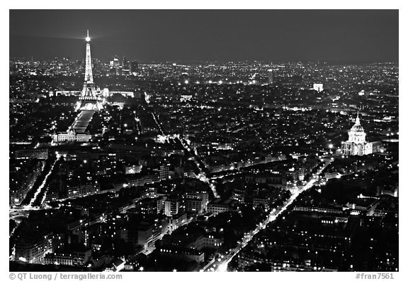 Tour Eiffel (Eiffel Tower) and Invalides by night. Paris, France (black