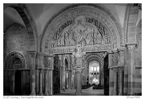 Sculpted doors and typhanum inside the Romanesque church of Vezelay. Burgundy, France (black and white)