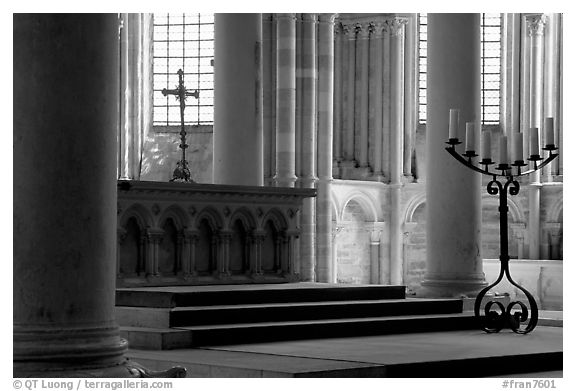 Altar inside of church of Vezelay. Burgundy, France (black and white)