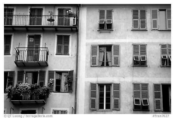 Houses painted in pastel colors, Nice. Maritime Alps, France (black and white)