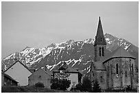 Houses and church,  Villar d'Arene, sunset. France (black and white)