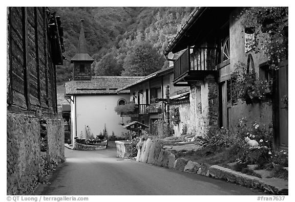 Street and church in village of Le Tour, Chamonix Valley. France (black and white)