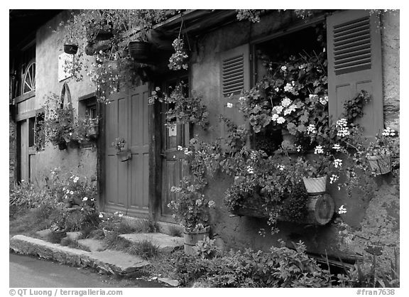 Flowered houses in village of Le Tour, Chamonix Valley. France (black and white)
