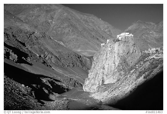 Bardan monastery at the entrance of Lungnak Valley, Zanskar, Jammu and Kashmir. India (black and white)