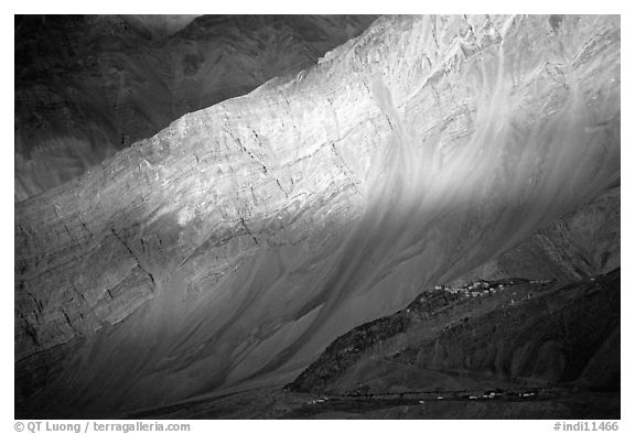 Stongdey Monastary dwarfed by huge cliffs, Zanskar, Jammu and Kashmir. India (black and white)