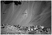 Village and scree slope, Zanskar, Jammu and Kashmir. India (black and white)