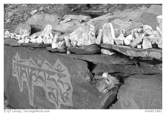Stones and mani wall, Zanskar, Jammu and Kashmir. India (black and white)