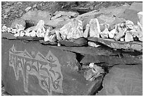 Stones and mani wall, Zanskar, Jammu and Kashmir. India (black and white)
