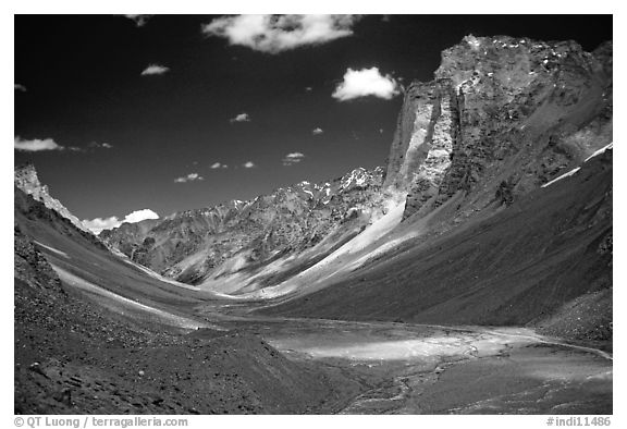 Zanskar Valley flanked by Gumburanjan monolith, Zanskar, Jammu and Kashmir. India (black and white)