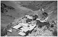 Terraced roofs of village above river valley, Zanskar, Jammu and Kashmir. India (black and white)