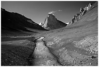 Zanskar River and  Gumburanjan monolith, Zanskar, Jammu and Kashmir. India (black and white)