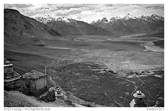 Chortens overlooking cultivations in the Padum plain, Zanskar, Jammu and Kashmir. India (black and white)
