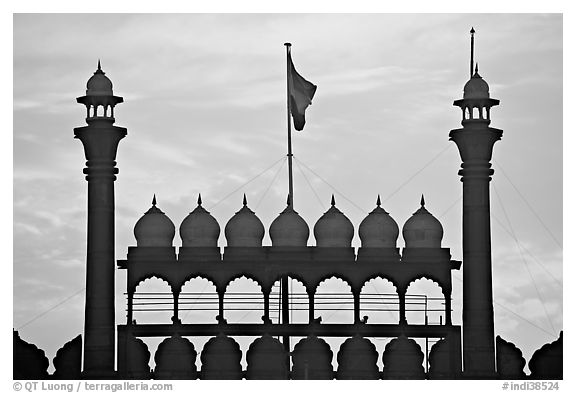 Turrets above Lahore Gate, Red fort, sunrise. New Delhi, India (black and white)