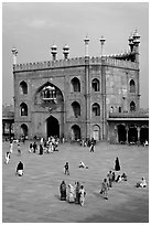 Courtyard and East gate of Jama Masjid mosque. New Delhi, India (black and white)