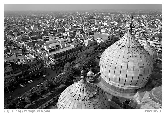 Domes of Jama Masjid mosque and Old Delhi from above. New Delhi, India (black and white)