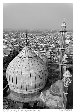 Dome of Jama Masjid mosque and Old Delhi rooftops. New Delhi, India (black and white)