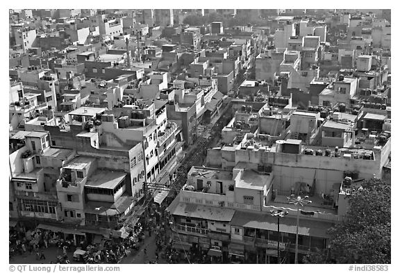 View of Old Delhi streets and houses from above. New Delhi, India
