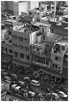 Street traffic and buildings from above, Old Delhi. New Delhi, India ( black and white)