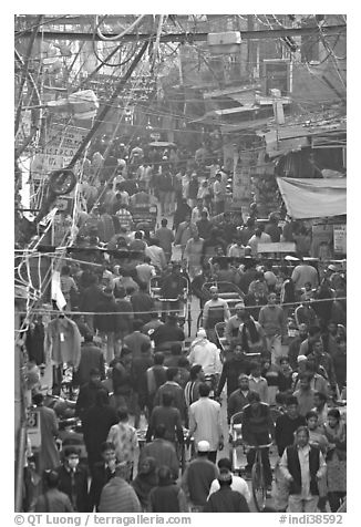 Crowds in Old Delhi street from above. New Delhi, India (black and white)