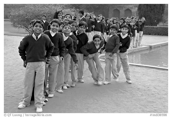 Group of schoolchildren, Humayun's tomb. New Delhi, India (black and white)